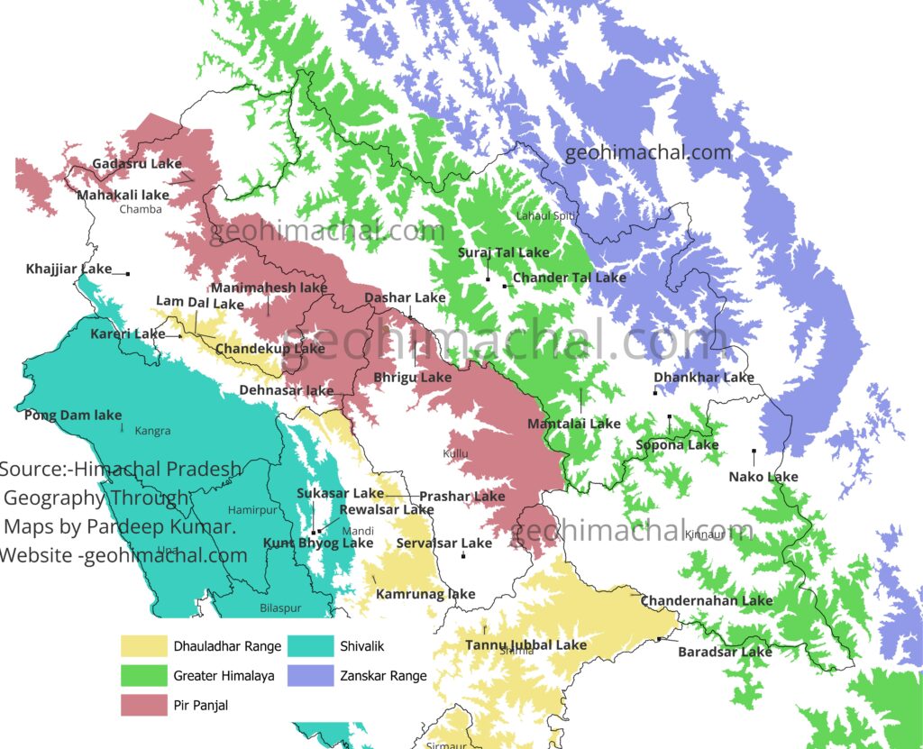 Map of Impoartant Lakes of Himachal Pradesh.