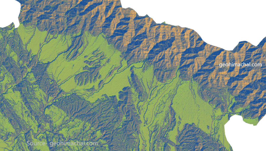 In North Dhauladhar Mountain Range is shown in Brown Color, Alluvial fan in Green Color and Shivalik in Brown Color.